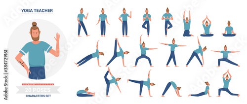 Yoga teacher poses vector illustration set. Cartoon flat yogist man character doing yogi asana exercise, meditating, sitting in lotus posture, infographic relaxation activity routine isolated on white