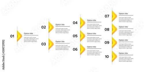 Business process chart infographics with 10 steps. Corporate workflow scheme graphic elements. Company flowchart presentation slide template. Vector info graphic design.