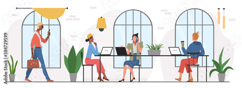 Coworking office workplace vector illustration. Cartoon busy business worker people working with laptops, sitting in comfortable trendy room interior, modern open space for work isolated on white