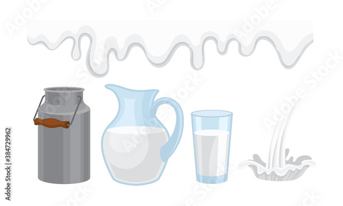 Milk Poured in an, Jug and Glass Vector Set
