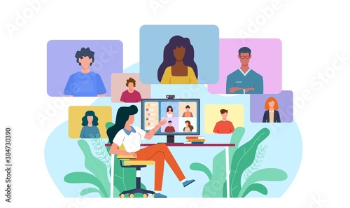 Video conference. Woman at desk provides collective virtual chat. Online business meeting working team webinar with specialist home office during covid-19 quarantine vector concept photo