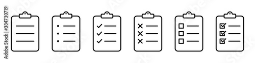 Checklist clipboard vector icon. check list sign outline isolated on white background. clip board or pad symbol. complete document page, quality test mark. website stock illustration