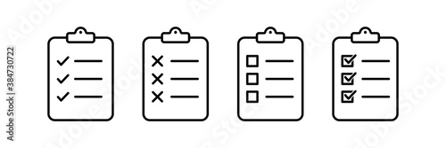 Checklist clipboard vector icon. check list sign outline isolated on white background. clip board or pad symbol. complete document page, quality test mark. website stock illustration