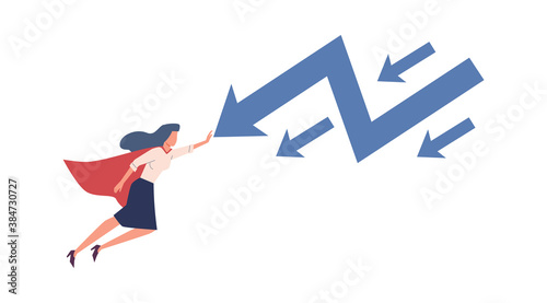 Woman stopping falling arrow. Superhero businesswoman flying, stop economic crisis, business bankruptcy, company startup collapse money problems concept vector flat illustration