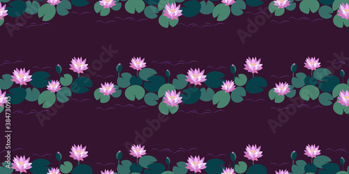 Horizontal seamless pattern with flowers, buds and pink lotus leaves on dark background. Vector illustration for design of botanical collection, textiles, postcards, dishes, stationery.