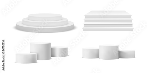 Round and square podium. Realistic winner pedestal white emty geometric pillar pedestals different forms, 3d blank blocks for presentation product and exhibition vector template
