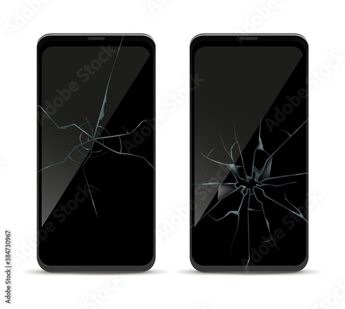 Smartphone crack screen. Damage mobile phone front view template, broken glass display, realistic cracked effect recovery, repair service shattered device touchscreen 3d vector mockup set