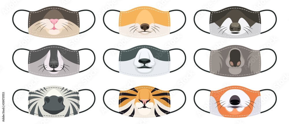 Fototapeta premium Medical mask with animals faces. Fun reusable mouth masks with various wild and domestic animal, kids and adults clothes with print Covid-19 virus social protection, cartoon vector set
