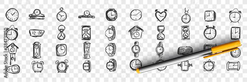 Watches doodle set. Collection of hand drawn templates sketches patterns of male female hand pocket timers and clocks on transparent background. Fashionable lifestyle and shopping illustration.