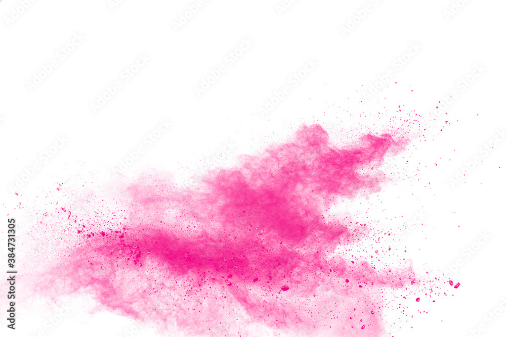 Pink dust splatter on background.Pink powder explosion on white background.
