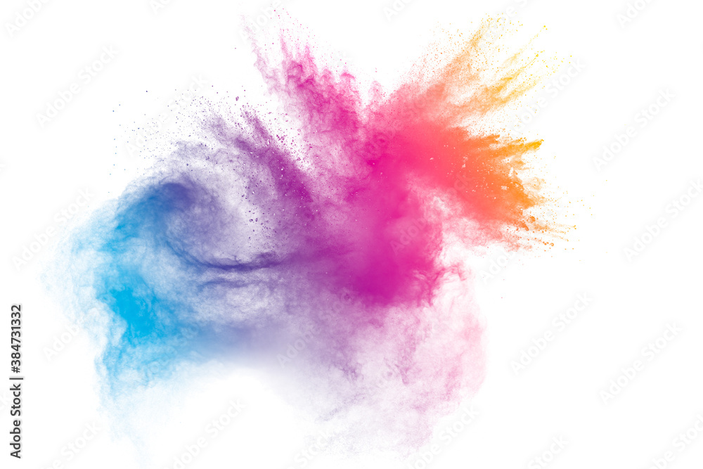 Pastel color dust particle splashing.Colorful powder explosion on white background.