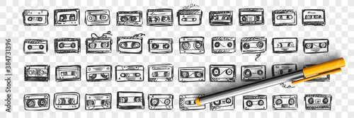 Hand drawn audio tapes doodle set. Collection of pen ink pencil drawing sketches template patterns of music video cassette on transparent background. Illustration of playing record devices.