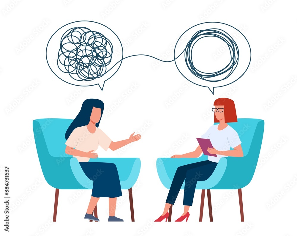 Psychotherapy concept. Psychologist and patient with tangled and untangled mind metaphor, doctor solving psychological problems, couch consultation, mental health vector illustration - obrazy, fototapety, plakaty 
