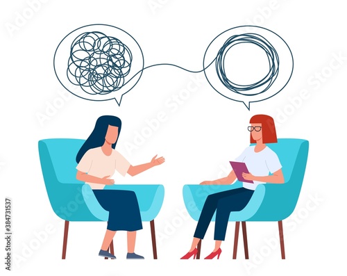 Psychotherapy concept. Psychologist and patient with tangled and untangled mind metaphor, doctor solving psychological problems, couch consultation, mental health vector illustration photo