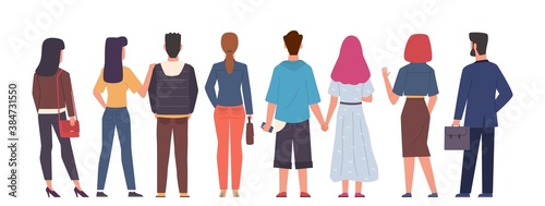 Crowd back view. Group men and women standing in different poses of back view, couple people hugging and holding hands, male and female persons from back side flat vector concept