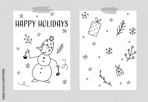 Hand drawn Vector card with snowman, gift boxes, christmas tree. Scandinavian style. Holiday card, hand drawn background.