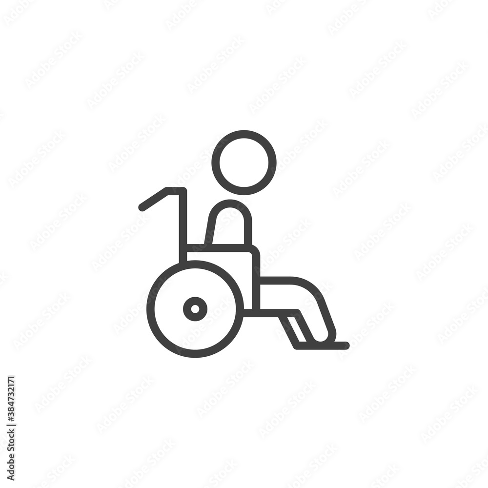 Handicapped person line icon. linear style sign for mobile concept and web design. Disabled wheelchair outline vector icon. Symbol, logo illustration. Vector graphics Handicapped person line icon. linear style sign for mobile concept and web design. Disabled wheelchair outline vector icon. Symbol, logo illustration. Vector graphics