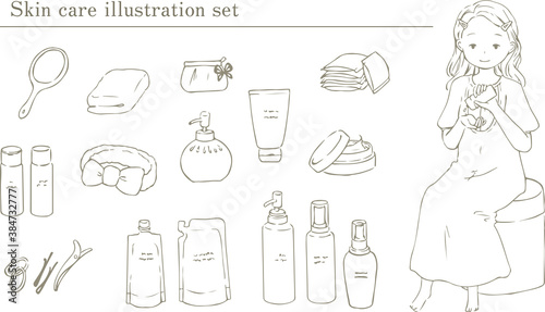 スキンケアする女性とスキンケア用品の線画イラストセット