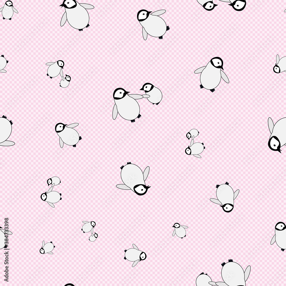 Vector cute Kawaii penguin baby seamless pattern background. Scattered adorable cartoon emperor chicks on pink gingham backdrop. Playful hand drawn winter themed design. Repeat for children products