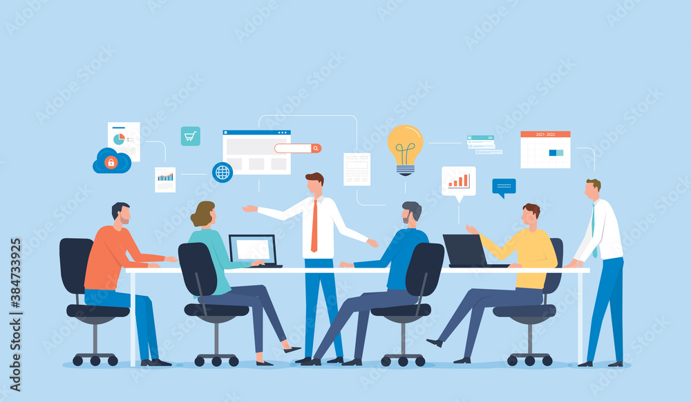 flat vector illustration business team meeting for project brainstorming and business   people planning for marketing strategy concept - obrazy, fototapety, plakaty 