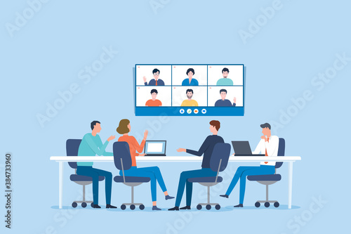Group business team video conference meeting online and business people brainstorming concept photo