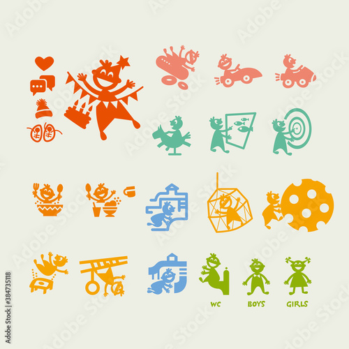Kids activity in entertainment park icons set