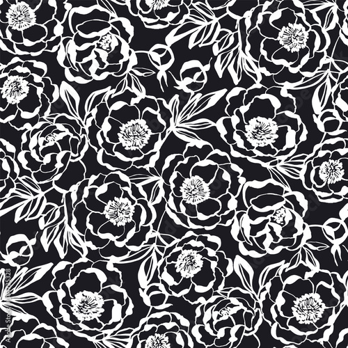 Elegant BW peony flowers seamless pattern