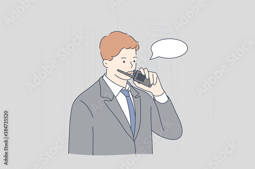 Security, work, concept. Young man or guy safeguard cartoon character using walkie talkie communicating with colleagues securing luxury property controlling perimeter. Safety provision illustration.