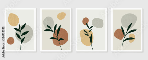 Botanical wall art vector set. Earth tone boho foliage line art drawing with  abstract shape.  Abstract Plant Art design for print, cover, wallpaper, Minimal and  natural wall art..
