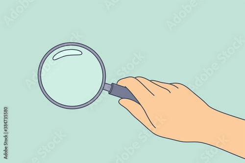 Research. science, analysis, business, optics concept. Businessman scientist detective cartoon hand holding magnifying glass. Search for problem solutions scientific expreriment closeup illustration.