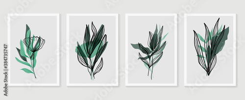 Botanical wall art vector set. Earth tone boho foliage line art drawing with  abstract shape.  Abstract Plant Art design for print, cover, wallpaper, Minimal and  natural wall art.