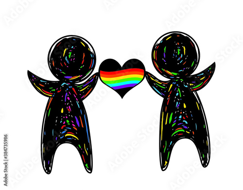 symbol of free choice, two little black men stand side by side and hold a heart in their hands with the color of the lgbt community, vector illustration