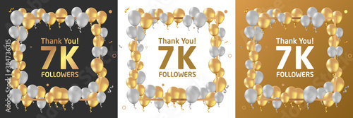 Thank you, 7k or seven thousand followers or subscribers celebration design. Social media background made of gold black and white balloon. Vector illustration.