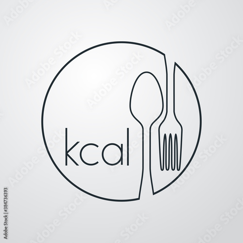 Logotipo lineal con texto kcal en círculo con cubiertos en fondo gris
