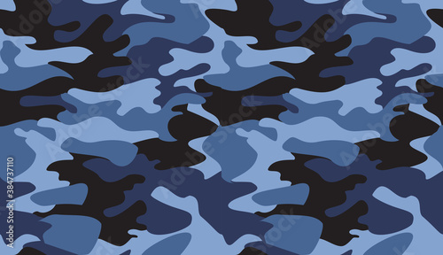 Seamless camouflage pattern background vector. Classic marine clothing style masking camo repeat print. Blue black colors texture design for virtual background, online conference, online transmission