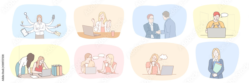 Success, business, meeting, partnership, greeting, multitasking, communication, teamwork set concept. Collection of businessmen women clerks managers working together making deal talking in office. Success, business, meeting, partnership, greeting, multitasking, communication, teamwork set concept. Collection of businessmen women clerks managers working together making deal talking in office.