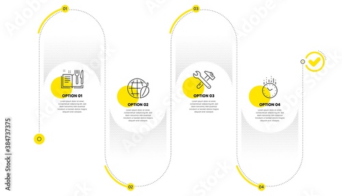 Recipe book, Environment day and Spanner tool line icons set. Timeline process infograph. Time sign. Food, Safe world, Repair. Clock. Business set. Infographics plan timeline. Vector