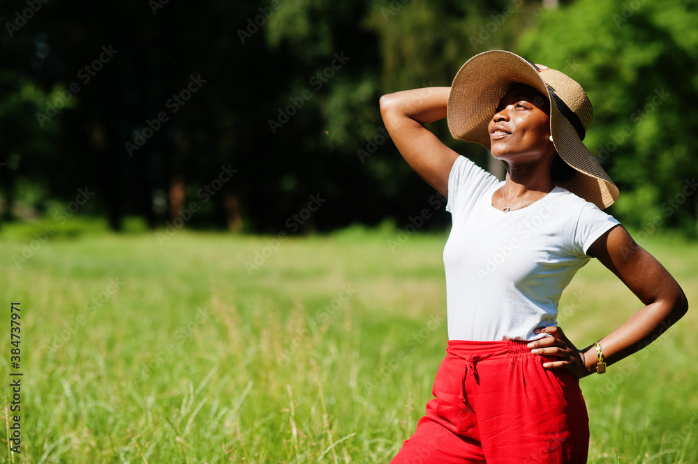 Portrait of gorgeous african american woman 20s wear in summer hat, red pants and white t-shirt, posing at green grass in park. Portrait of gorgeous african american woman 20s wear in summer hat, red pants and white t-shirt, posing at green grass in park.