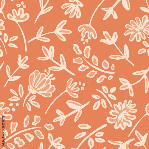 Monochrome flowerbed seamless vector pattern. Line drawing of flowers and leaves scattered to form a repeat in shades of orange. Great for home décor, fabric, wallpaper, stationery, design projects.