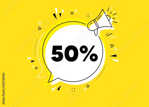 50% off Sale. Megaphone yellow vector banner. Discount offer price sign. Special offer symbol. Thought speech bubble with quotes. Discount chat think megaphone message. Vector