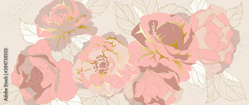 luxury gold rose flower line art wallpaper vector. Exotic botanical background, Lily flower vintage boho style for textiles, wall art, fabric, wedding invitation, cover design Vector illustration..