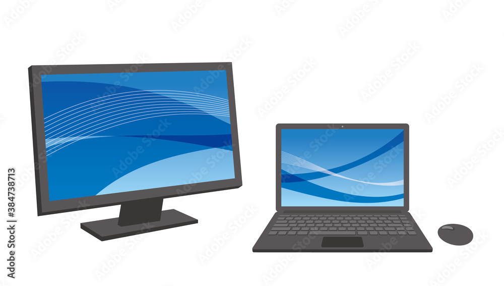 ノートPCと大画面ディスプレイの繫るデュアルモニターのイラスト/白背景
