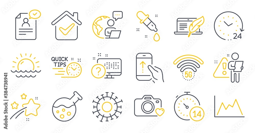 Set of Science icons, such as Photo camera, Online quiz, Swipe up symbols. Chemistry lab, 24 hours, Resume document signs. Quick tips, Quarantine, Coronavirus. Diagram, Copyright laptop. Vector Set of Science icons, such as Photo camera, Online quiz, Swipe up symbols. Chemistry lab, 24 hours, Resume document signs. Quick tips, Quarantine, Coronavirus. Diagram, Copyright laptop. Vector