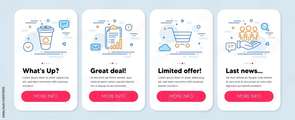 Set of Business icons, such as Market sale, Checklist, Takeaway coffee symbols. Mobile screen banners. Best buyers line icons. Customer buying, Graph report, Hot latte drink. Customers care. Vector