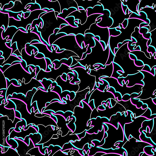 A flock of black bats flying in different directions. Seamless ornament, pattern, background and template. Vector square