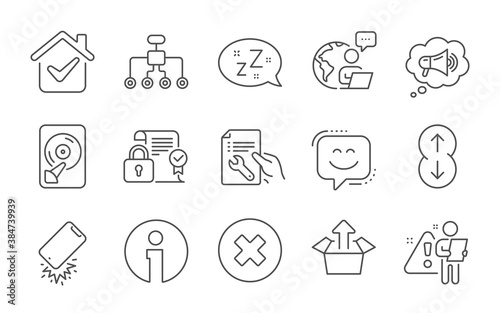 Restructuring, Smile face and Security contract line icons set. Sleep, Megaphone and Hdd signs. Close button, Send box and Smartphone broken symbols. Repair document, Scroll down and Info. Vector