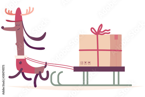 Christmas delivery dog in reindeer costume with sleigh and gift box vector cartoon illustration isolated on a white background.