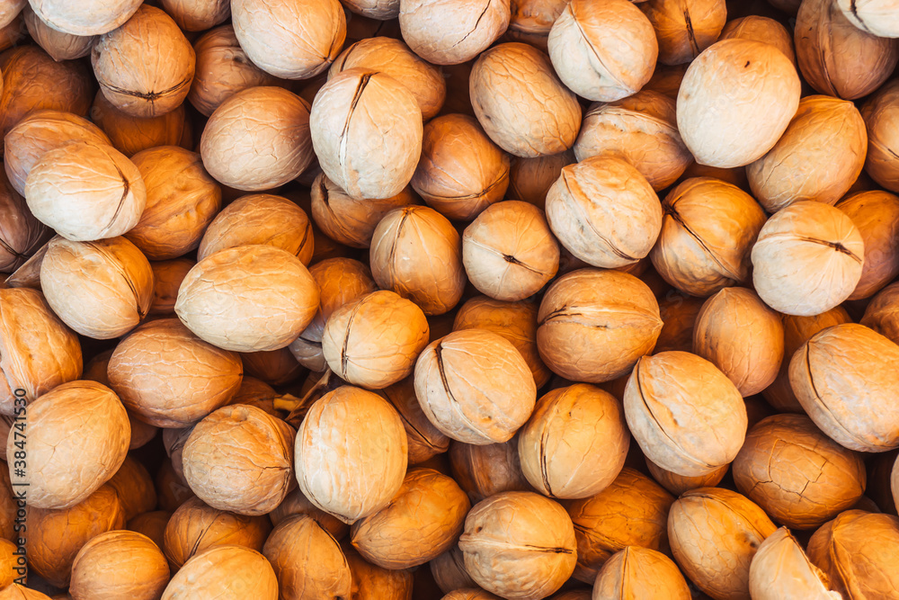 Lots of walnut fruit. View from above. Lots of walnut fruit. View from above.