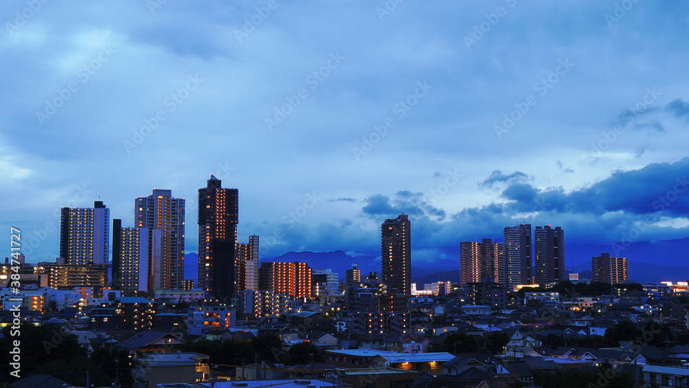 city skyline at sunset