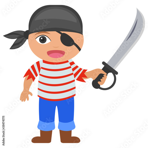 
A captain pirate with knife in hand giving terrifying look 
